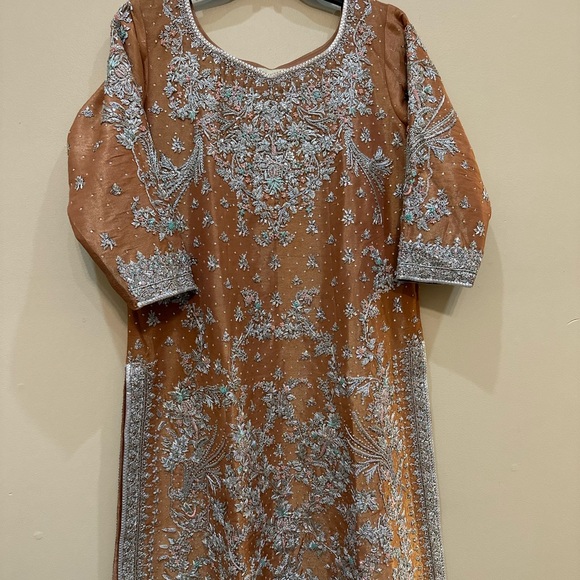 Elegant Silver and Brown Embroidered Wedding Dress